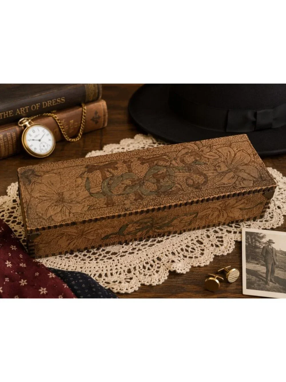 Antique c1900 Flemish Art Pyrography TIES Necktie Box Wood Burned Floral 11
